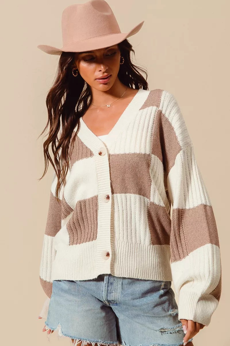 SO ME Checkered Button Front Ribbed Sweater Cardigan