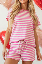 Striped Round Neck T-Shirt and Drawstring Shorts Set