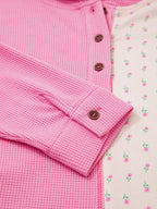 Mixed Texture Waffle Floral Patchwork Hooded Oversize Pullover