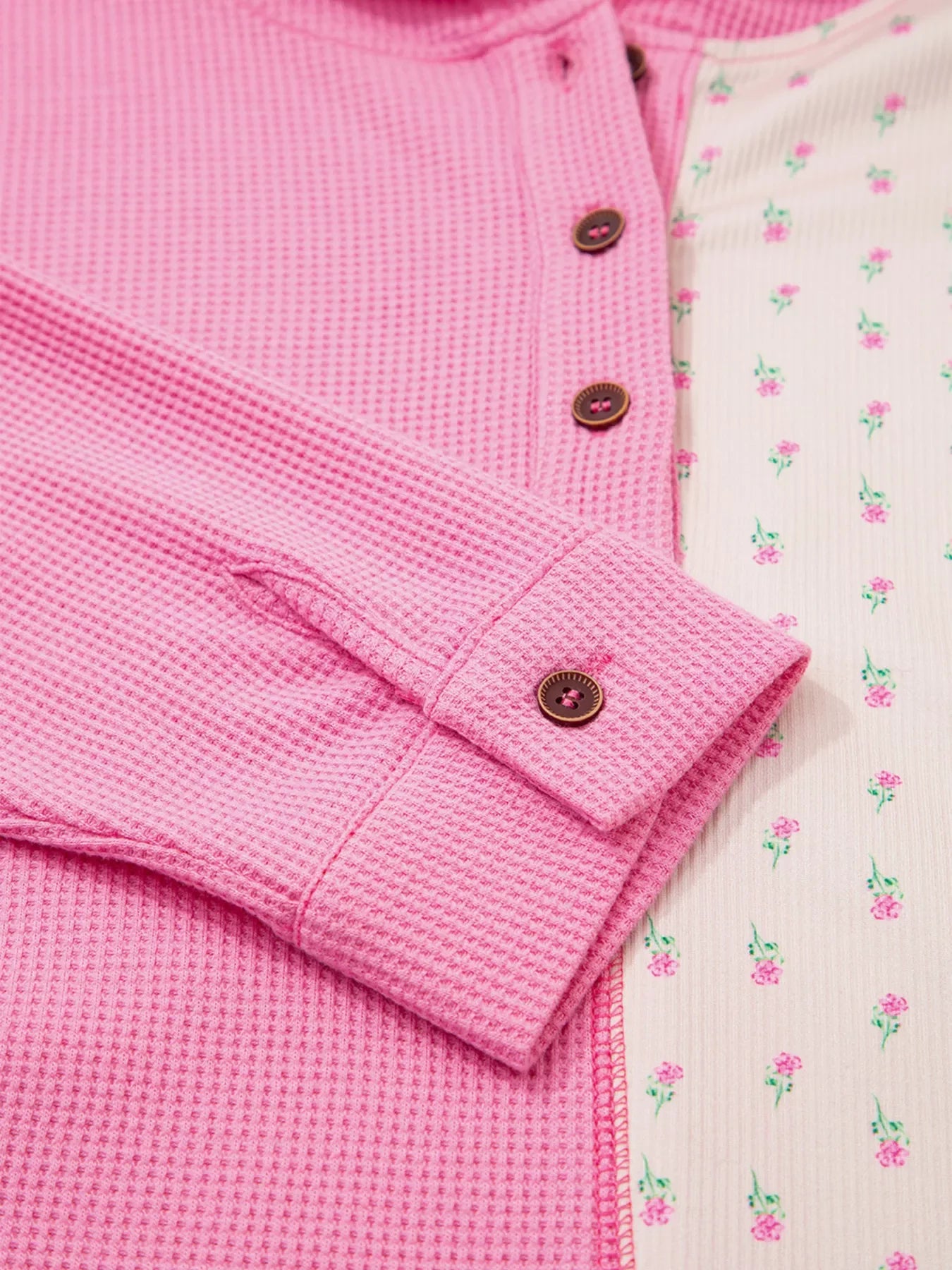 Mixed Texture Waffle Floral Patchwork Hooded Oversize Pullover