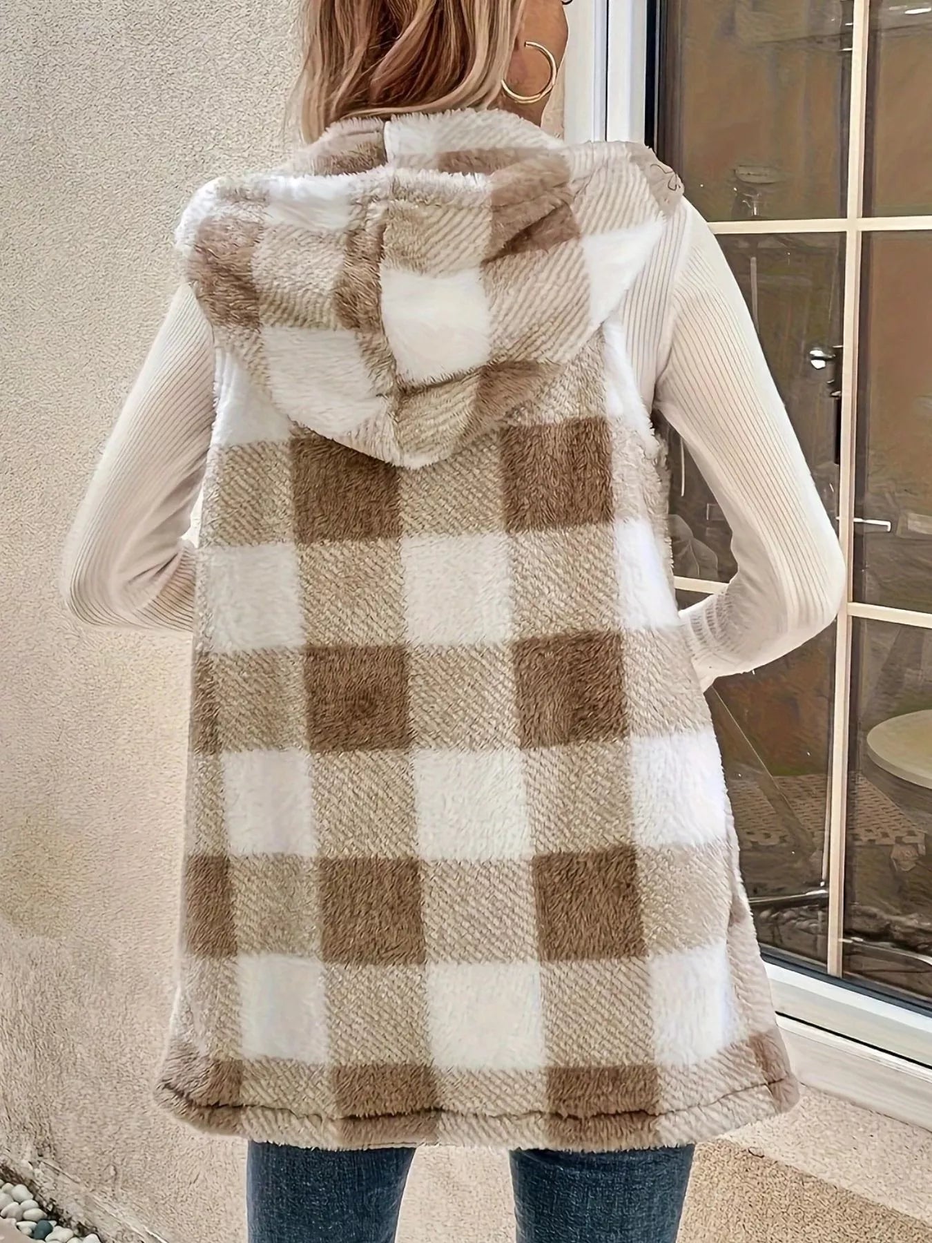 Hooded Plaid Sherpa Vest Coat