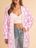Rhombus Pattern Knit Open Front Pocketed Cardigans