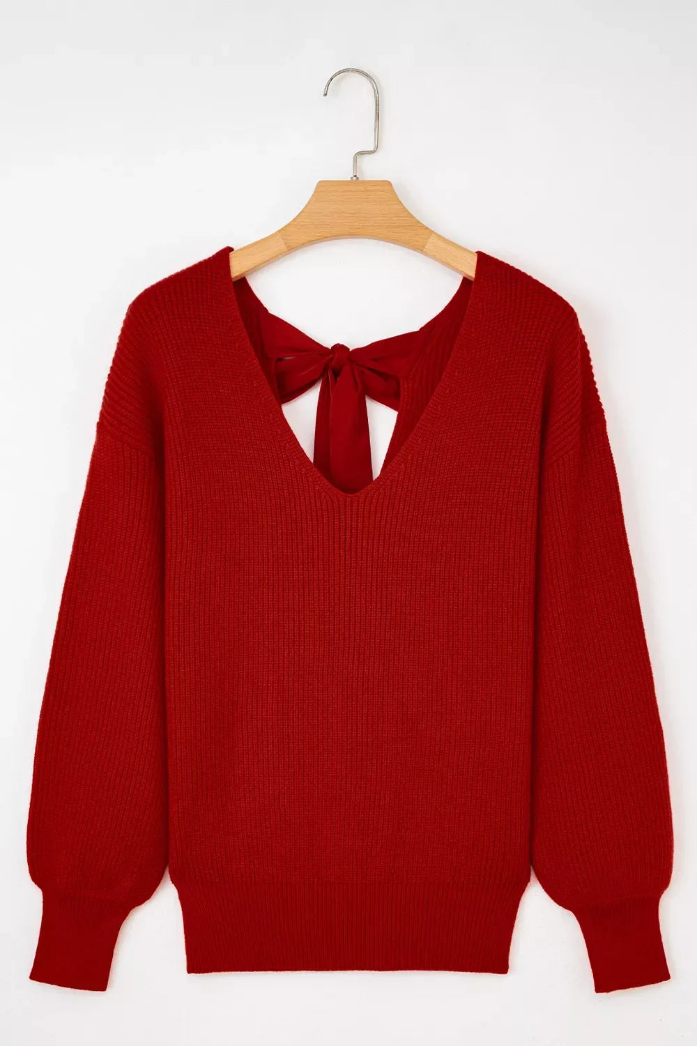 Lantern Sleeve V Neck Knot Back Sweater