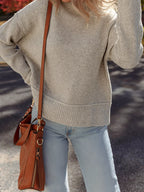 Waffle Texture Knit Ribbed High Neck Drop Shoulder Sweater