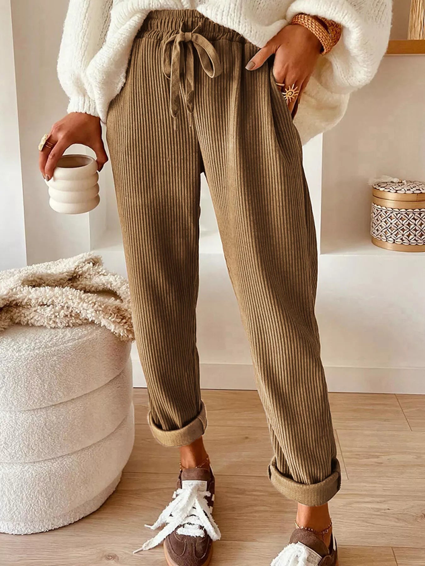 Casual Corduroy Drawstring Waist Pants