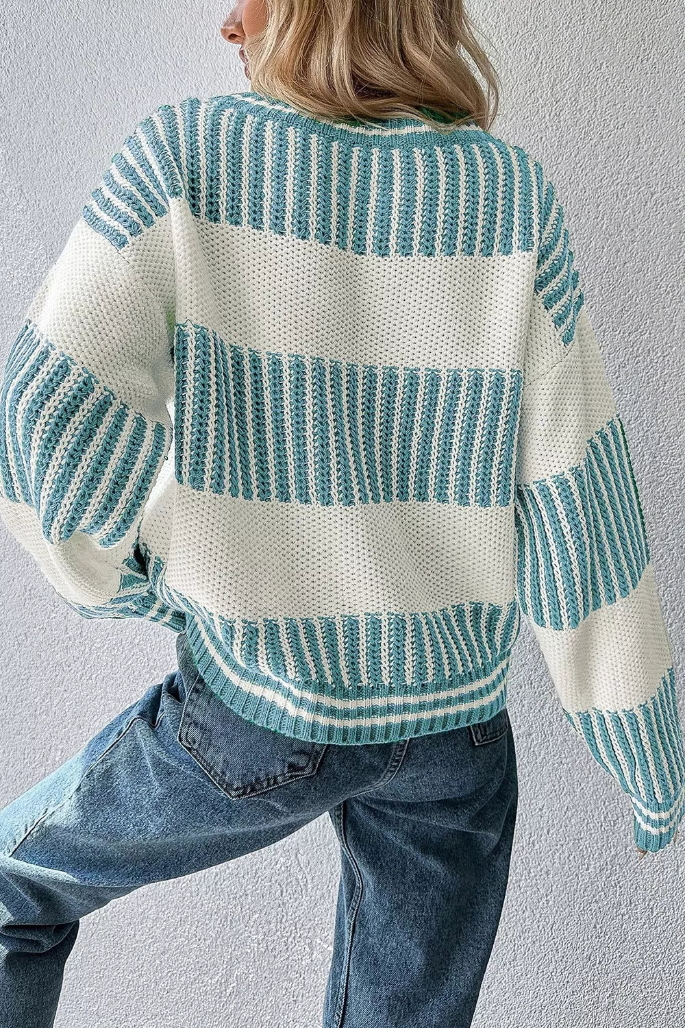 Two Tone Striped Patchwork Drop Shoulder Loose Sweater