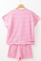 Striped Round Neck T-Shirt and Drawstring Shorts Set