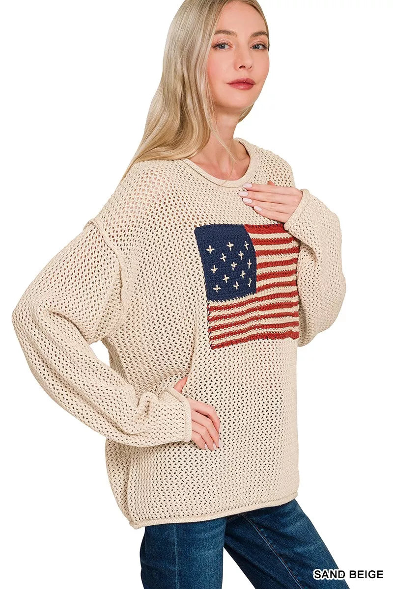 Zenana American Flag Crew Neck Sweater