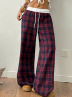 Plaid Wide-Leg Pants with Elastic Waistband