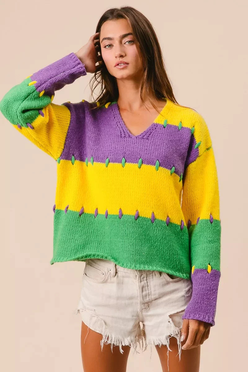 BiBi Stitch Detail Mardi Gras Stripes Sweater
