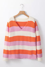 V-Neck Striped Color Block Knit Top
