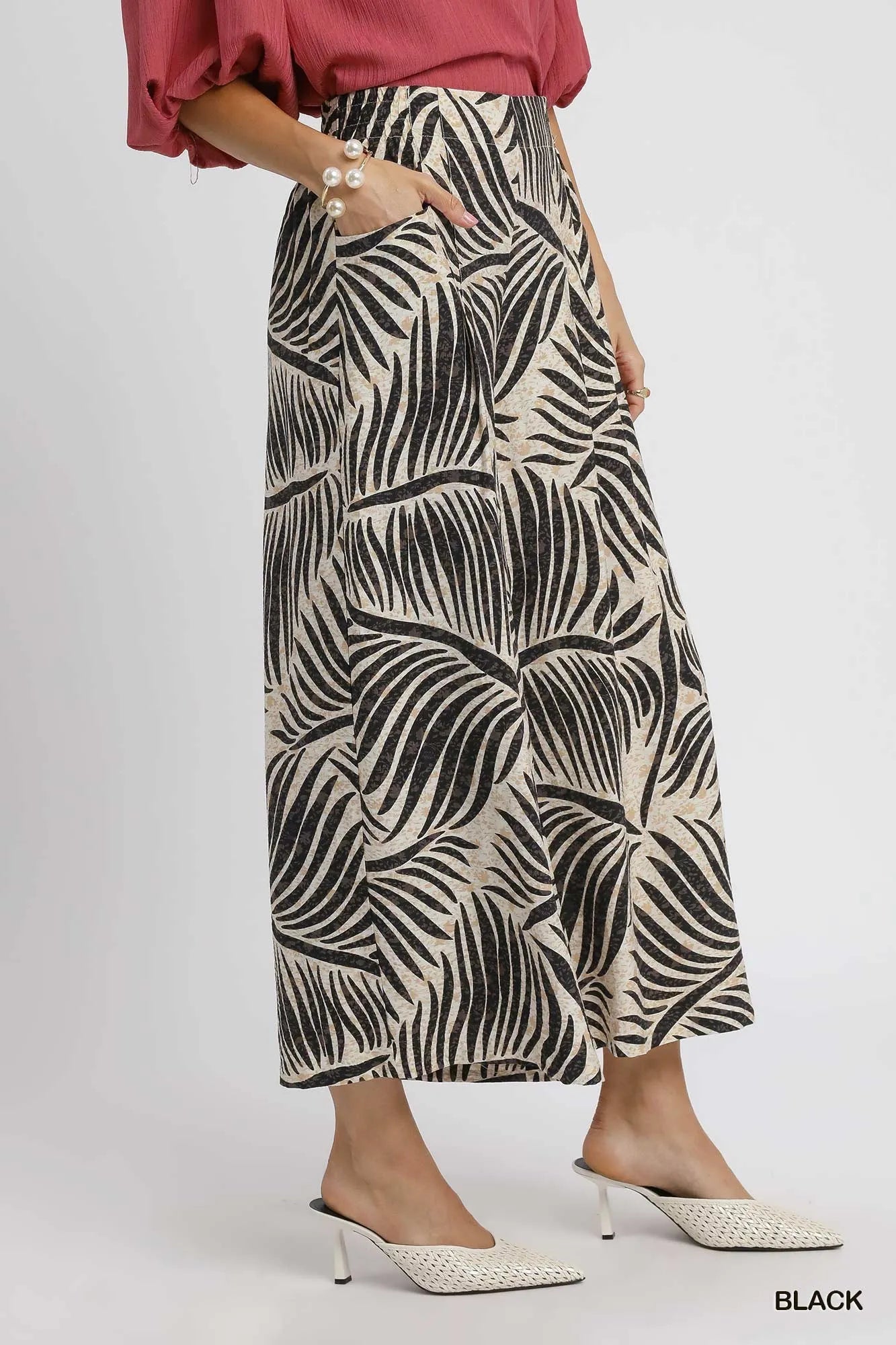 Umgee Palm Leaf Print Wide Leg Culotte Pants