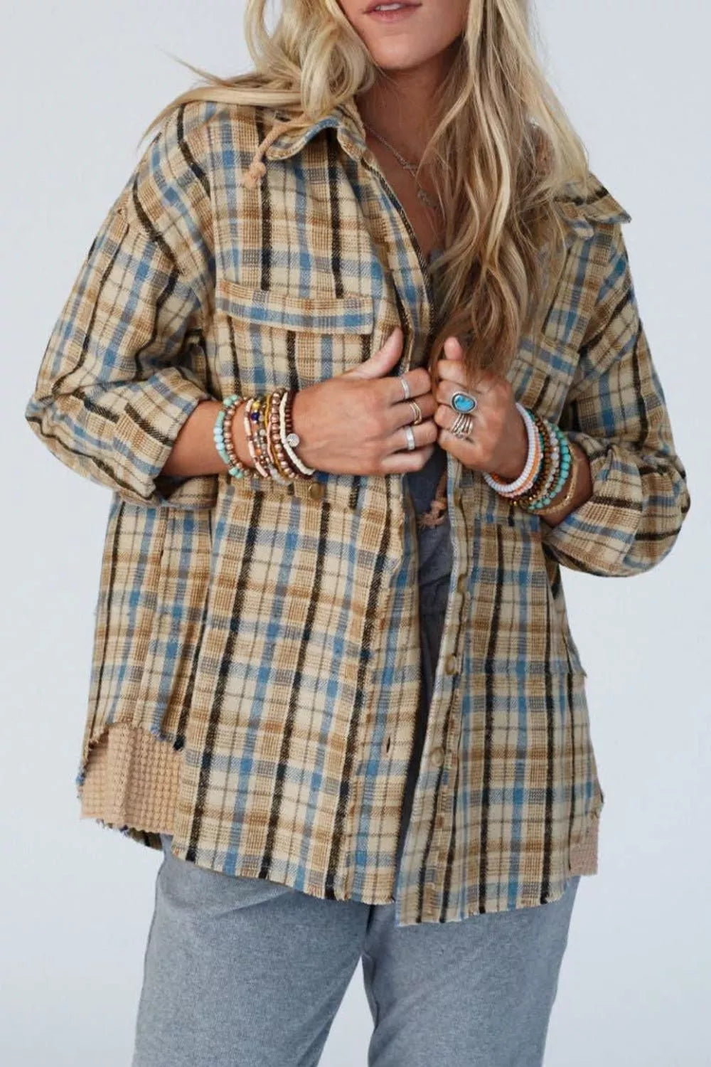 Plaid Drawstring Hooded Flannel Jacket