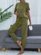 Round Neck Short Sleeve Top and Pants Lounge Set