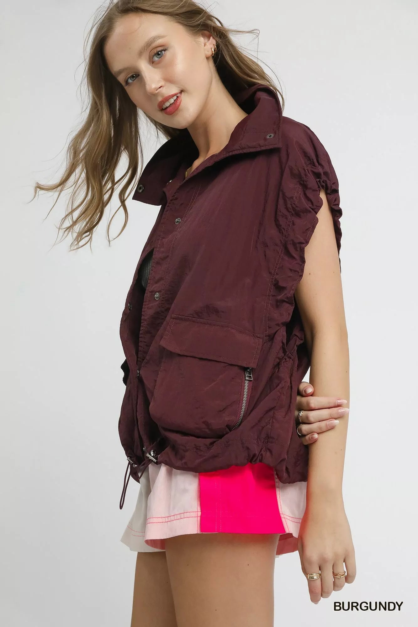 Umgee Drawstring Hem Nylon Vest with Pockets