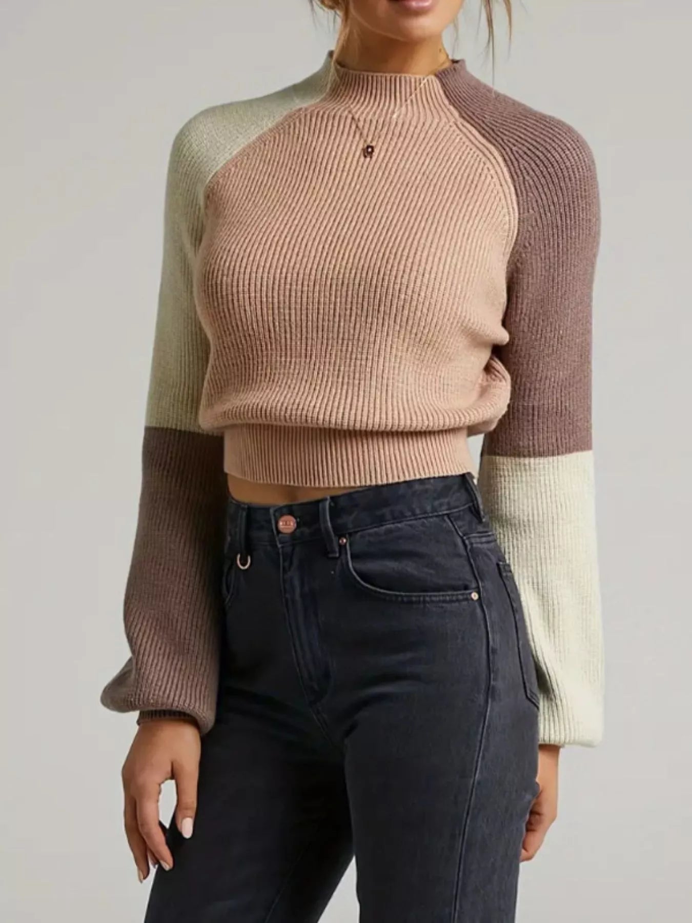Color Block Mock Neck Sweater