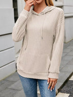 Casual Drawstring Ribbed Knit Hoodie