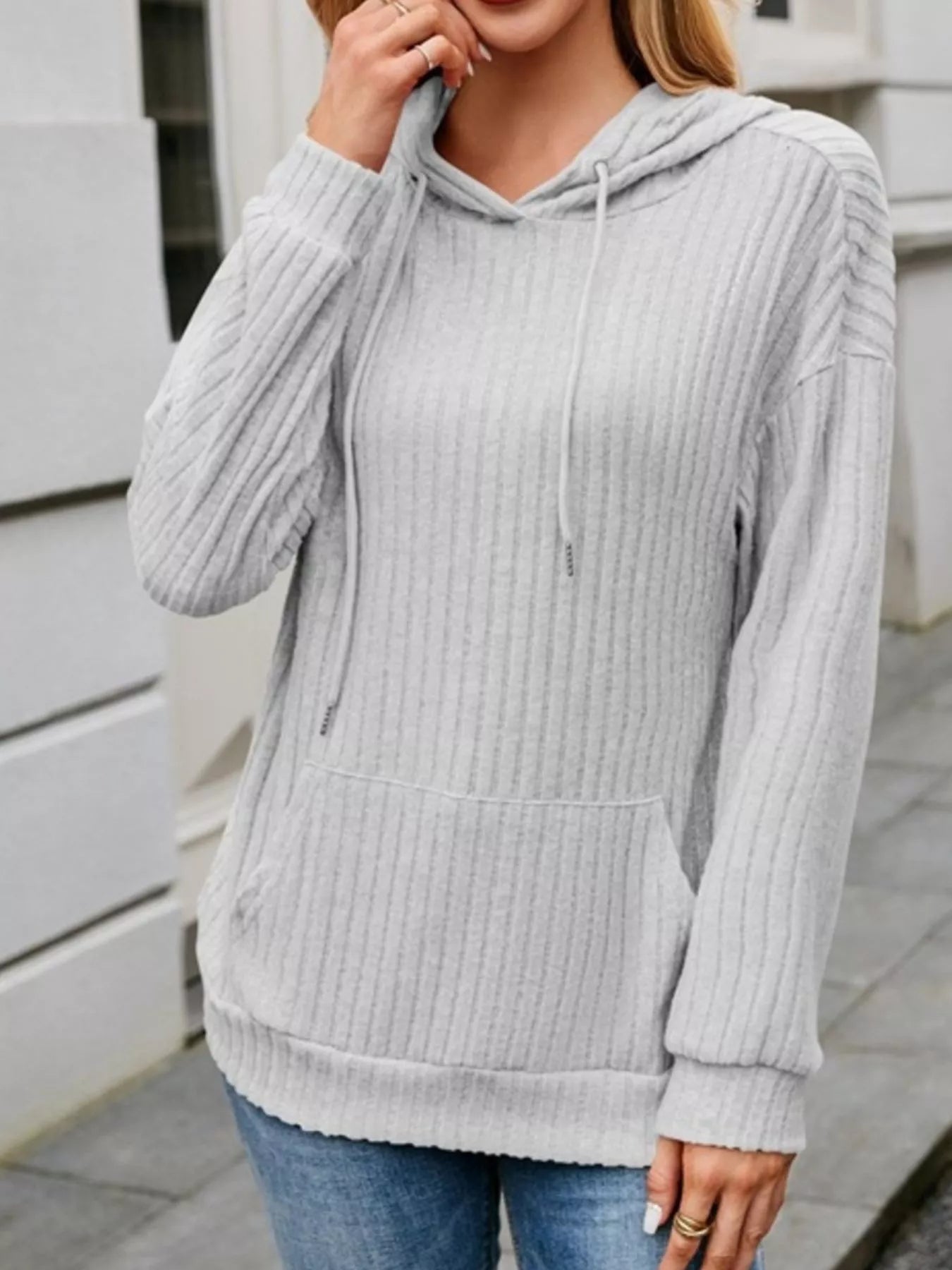 Casual Drawstring Ribbed Knit Hoodie