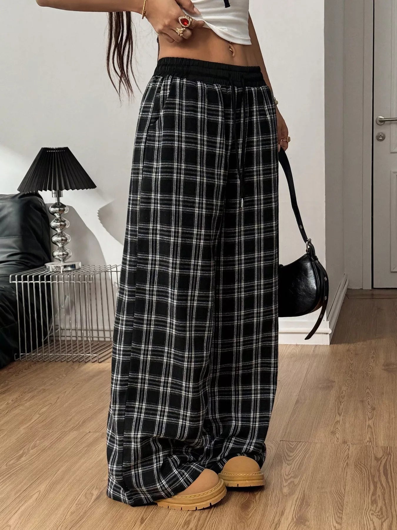 Plaid Wide-Leg Pants with Elastic Waistband