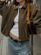 Suede Cropped Bomber Jacket