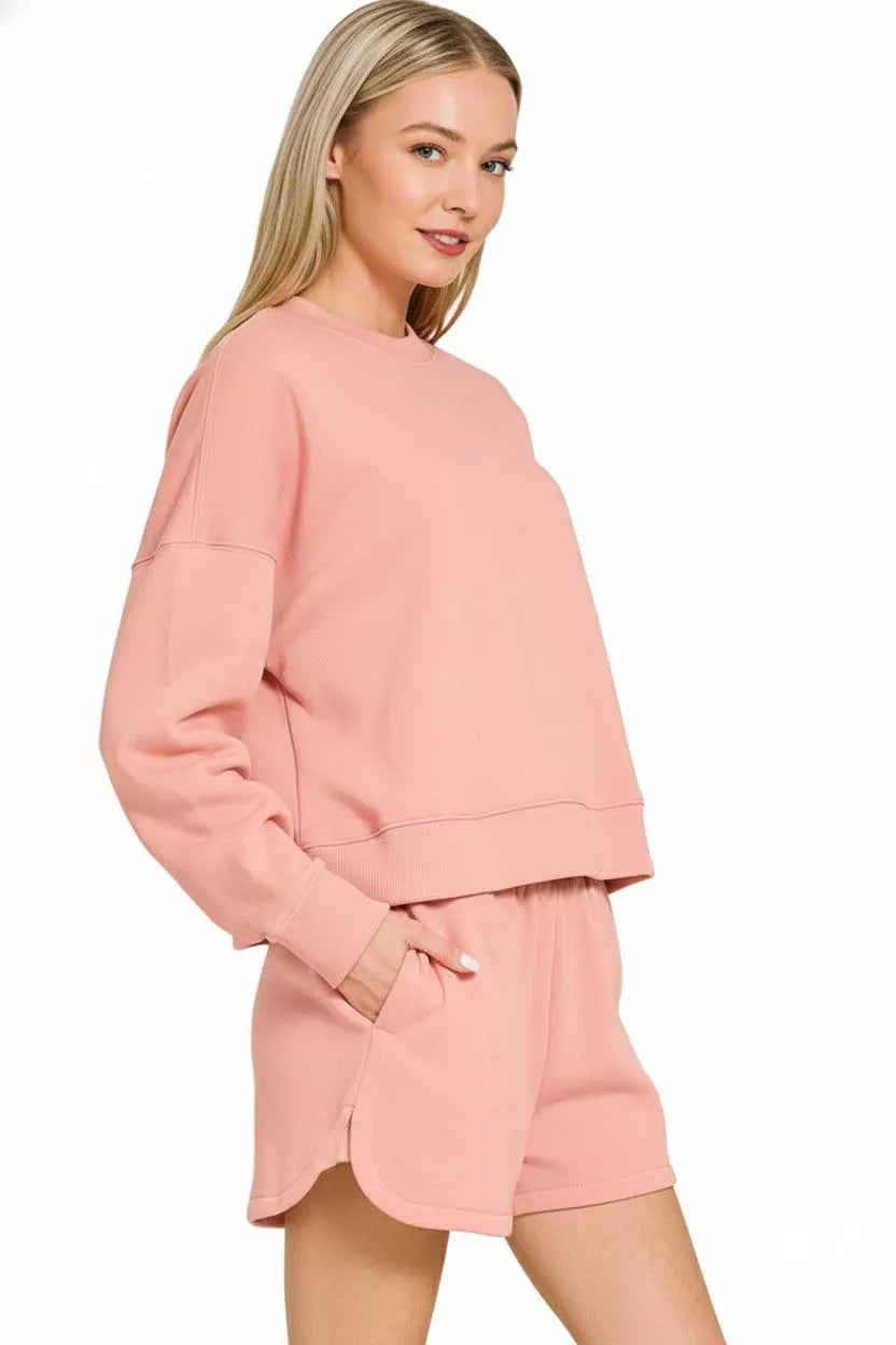 Zenana Fleece Long Sleeve Sweatshirts and Shorts Set