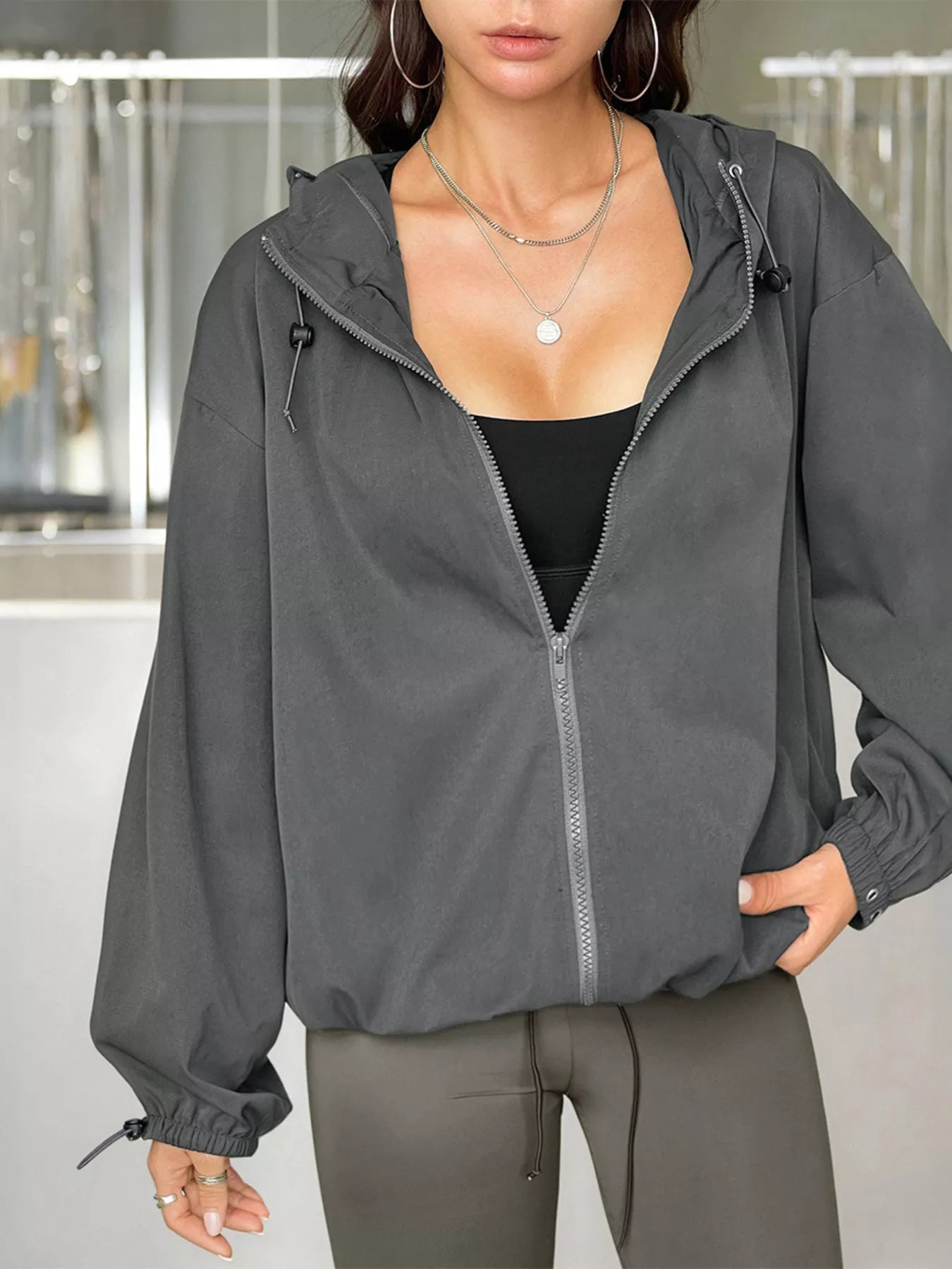 Drawstring Zip Up Hooded Jacket