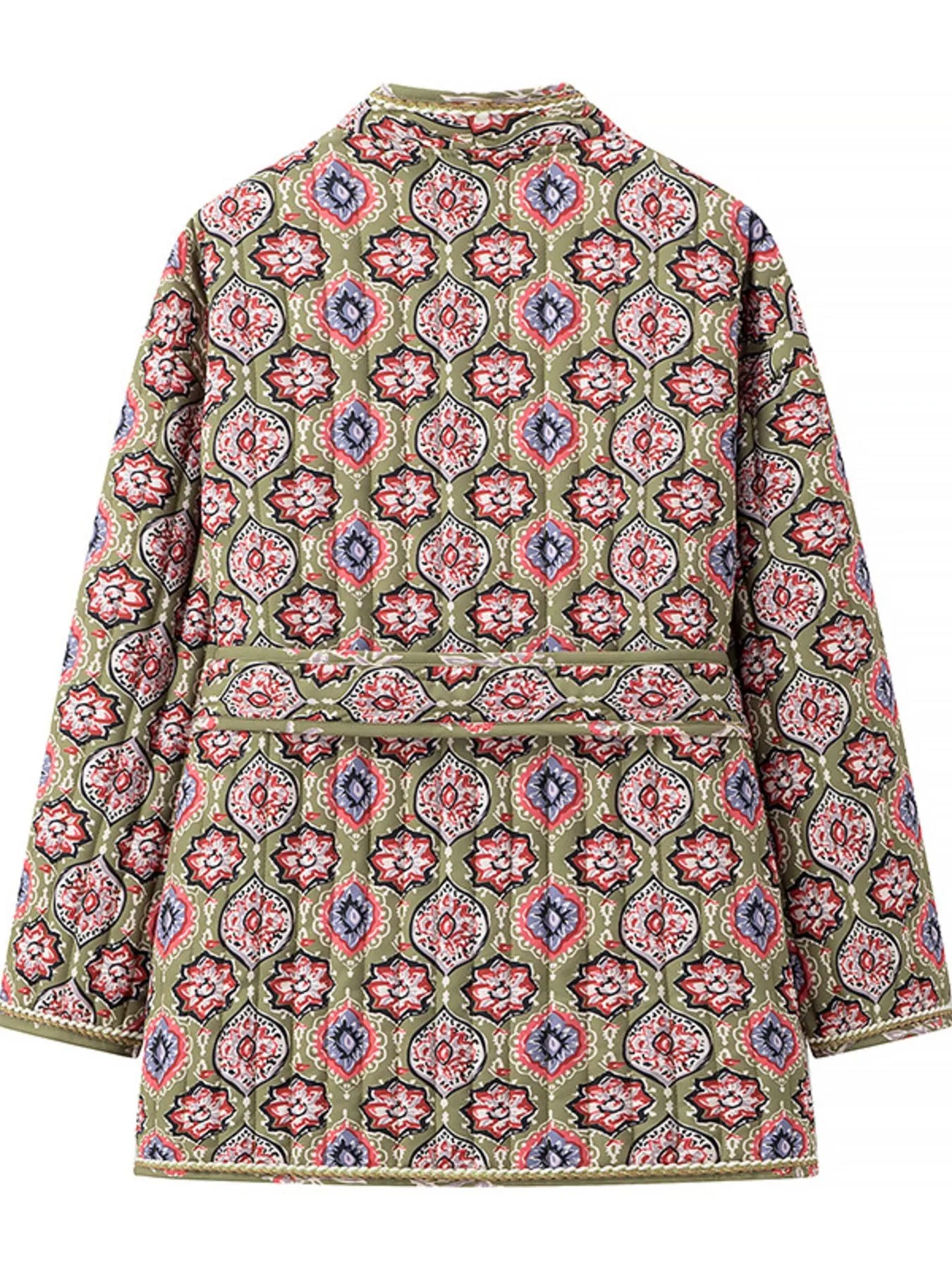 Belted Open Front Floral Winter Coat