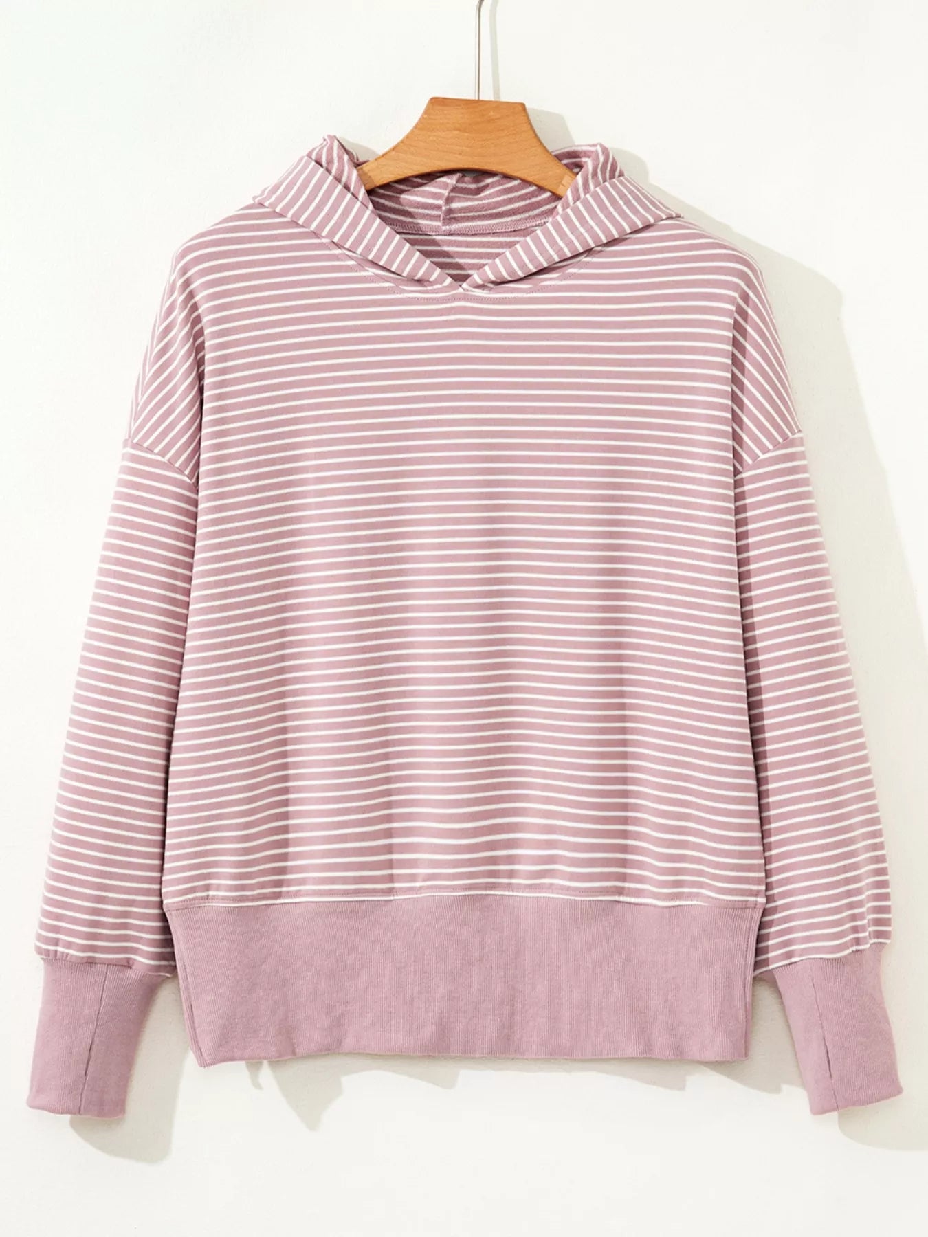 Stripe Thumbhole Side Slits Drop Shoulder Loose Fit Hoodie
