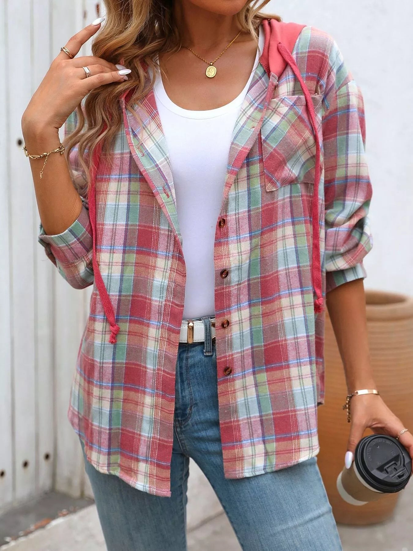 Hooded Plaid Button-Up Shirt