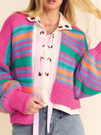 Stripe Colorful Puff Sleeve Drop Shoulder Loose Cardigan