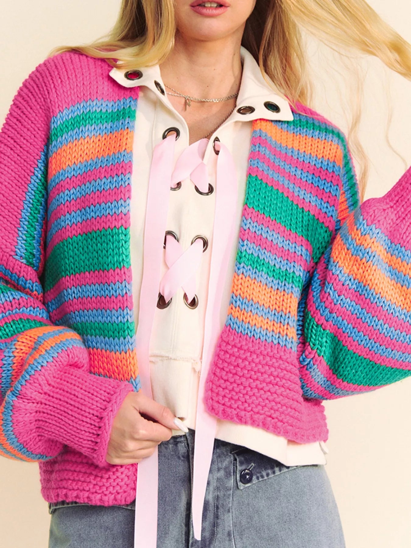 Stripe Colorful Puff Sleeve Drop Shoulder Loose Cardigan
