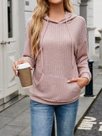 Casual Drawstring Ribbed Knit Hoodie