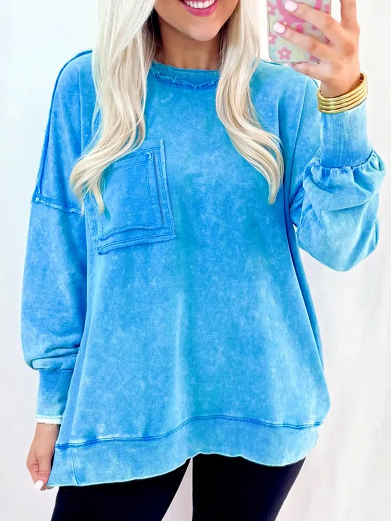 Mineral Wash Raw Seam Double Patched Pocket Sweatshirt