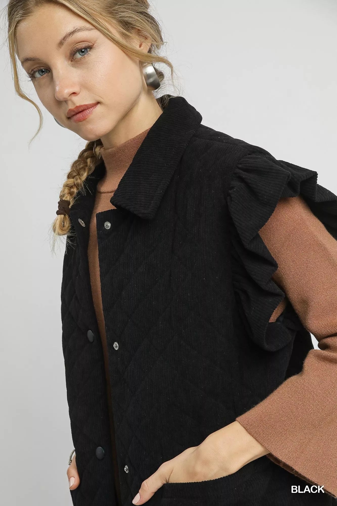 Umgee Corduroy Quilted Ruffle Sleeve Vest