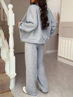 Casual Zipper Front Top and Wide Leg Pants Set