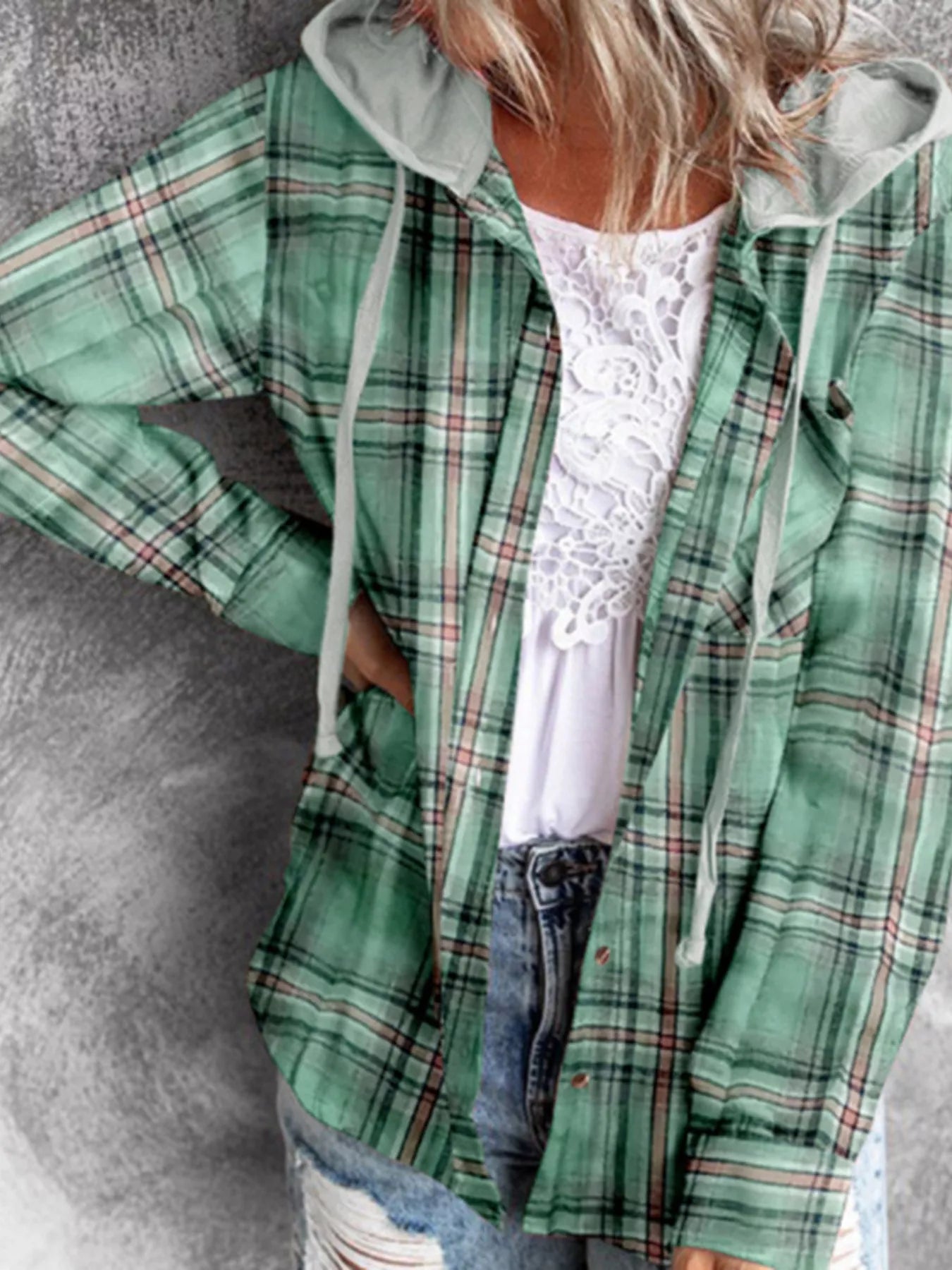 Hooded Plaid Button-Up Shirt