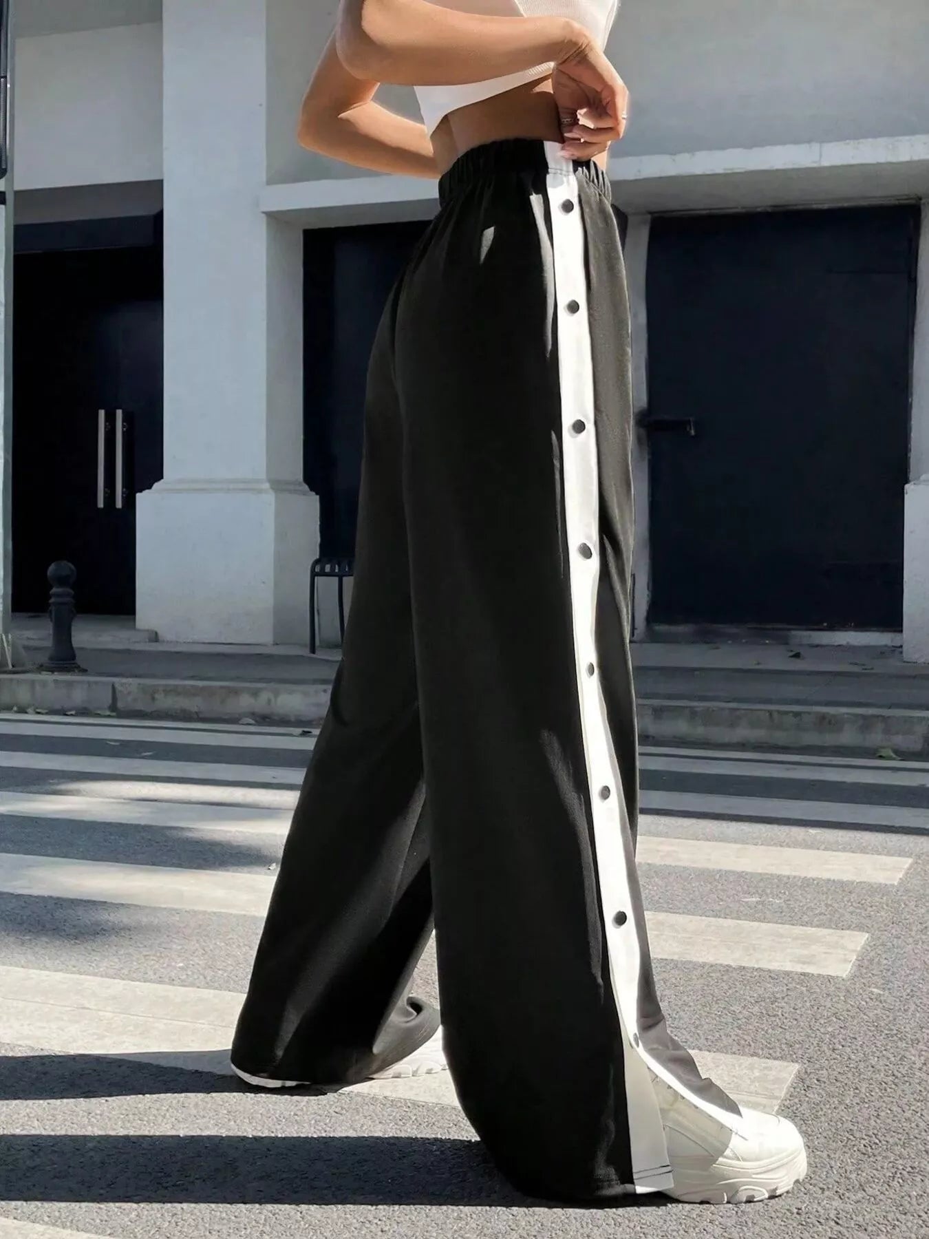 Two-Tone Side Snap Wide Leg Pants