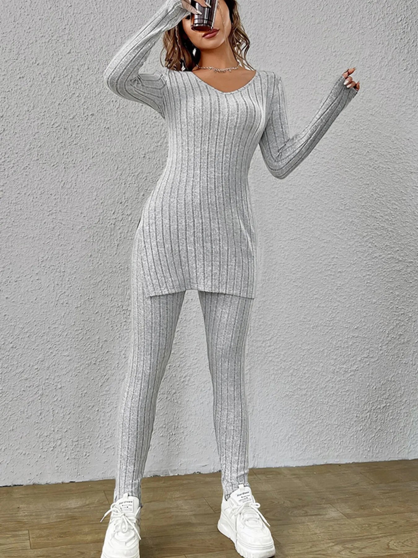 Slit V-Neck Ribbed Top and Pants Set