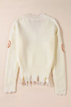 Cable Knit Pumpkin Raw Hem V Neck Loose Sweater
