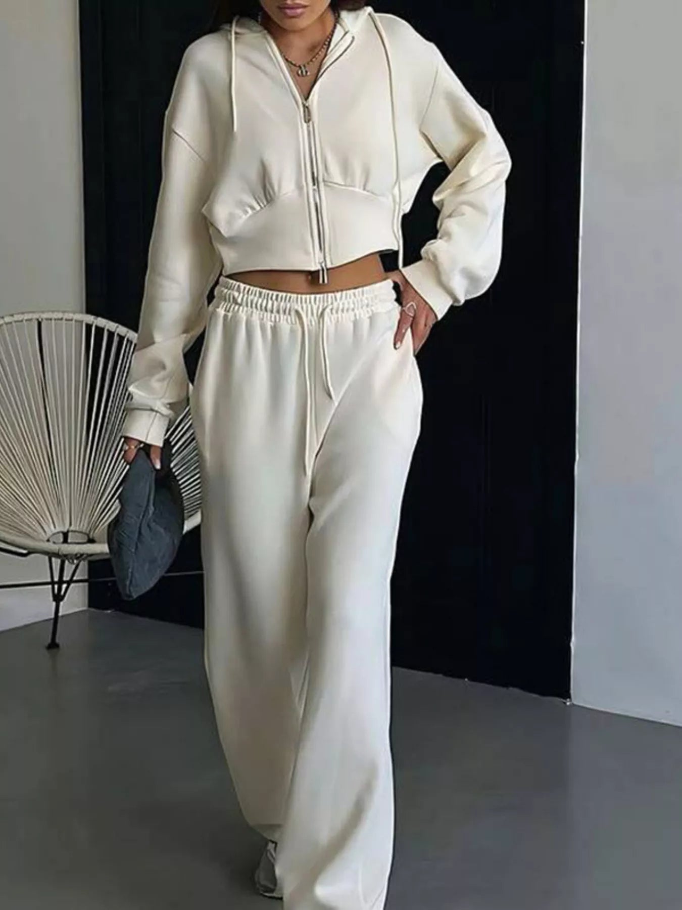 Casual Cropped Hoodie and Wide Leg Pants Set