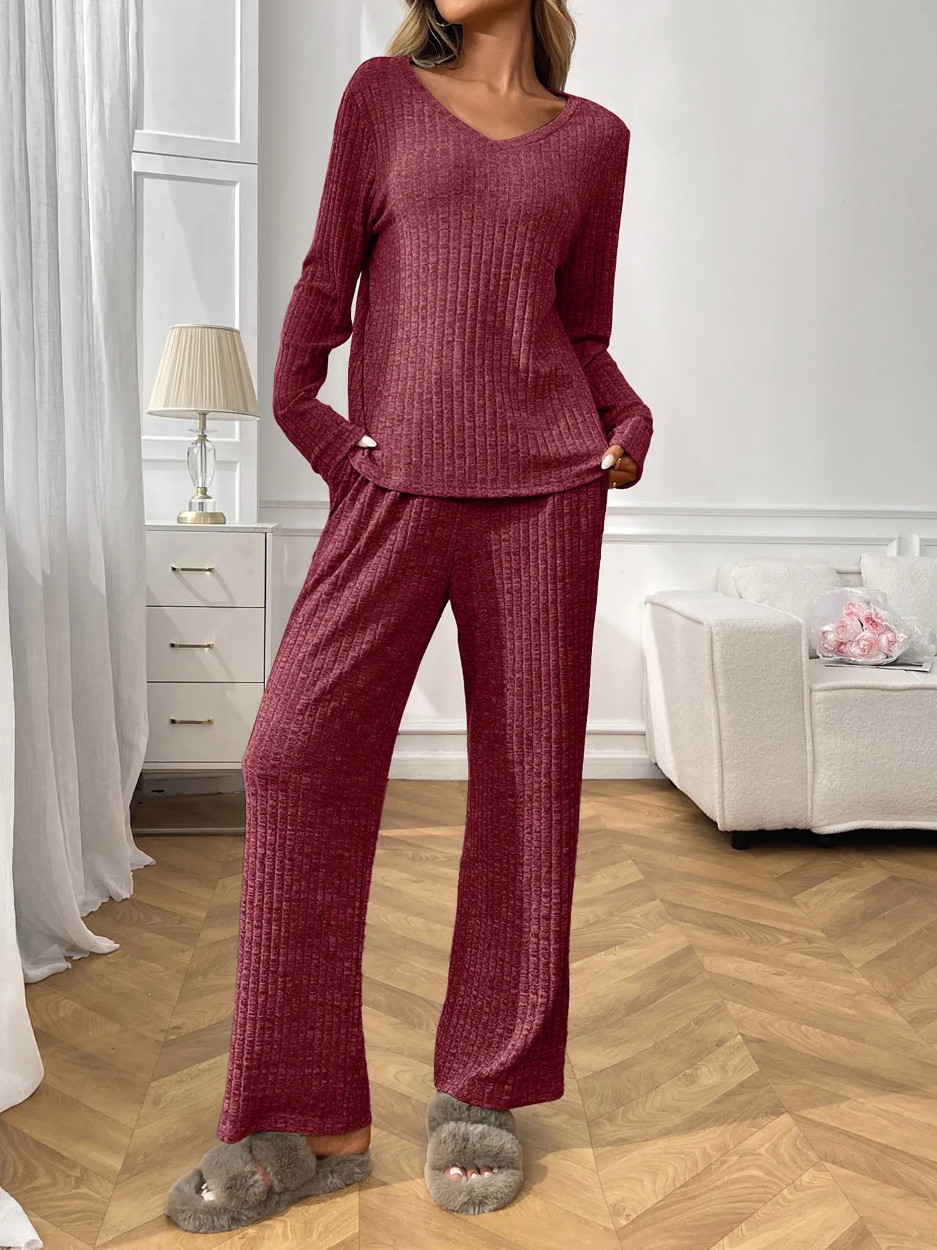 Ribbed Long Sleeve Top and Pants Lounge Set