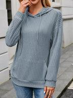 Casual Drawstring Ribbed Knit Hoodie