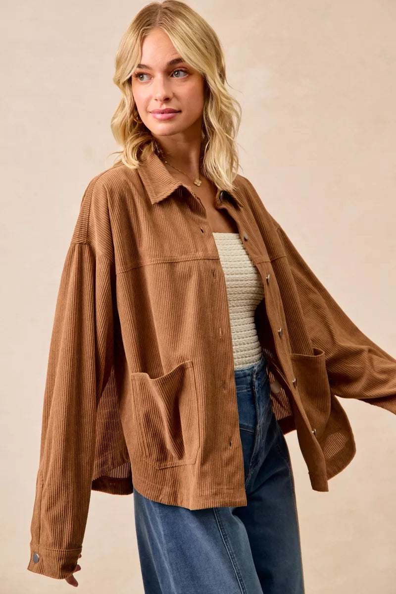 BiBi Corduroy Relaxed Fit Shacket with Back Pleat