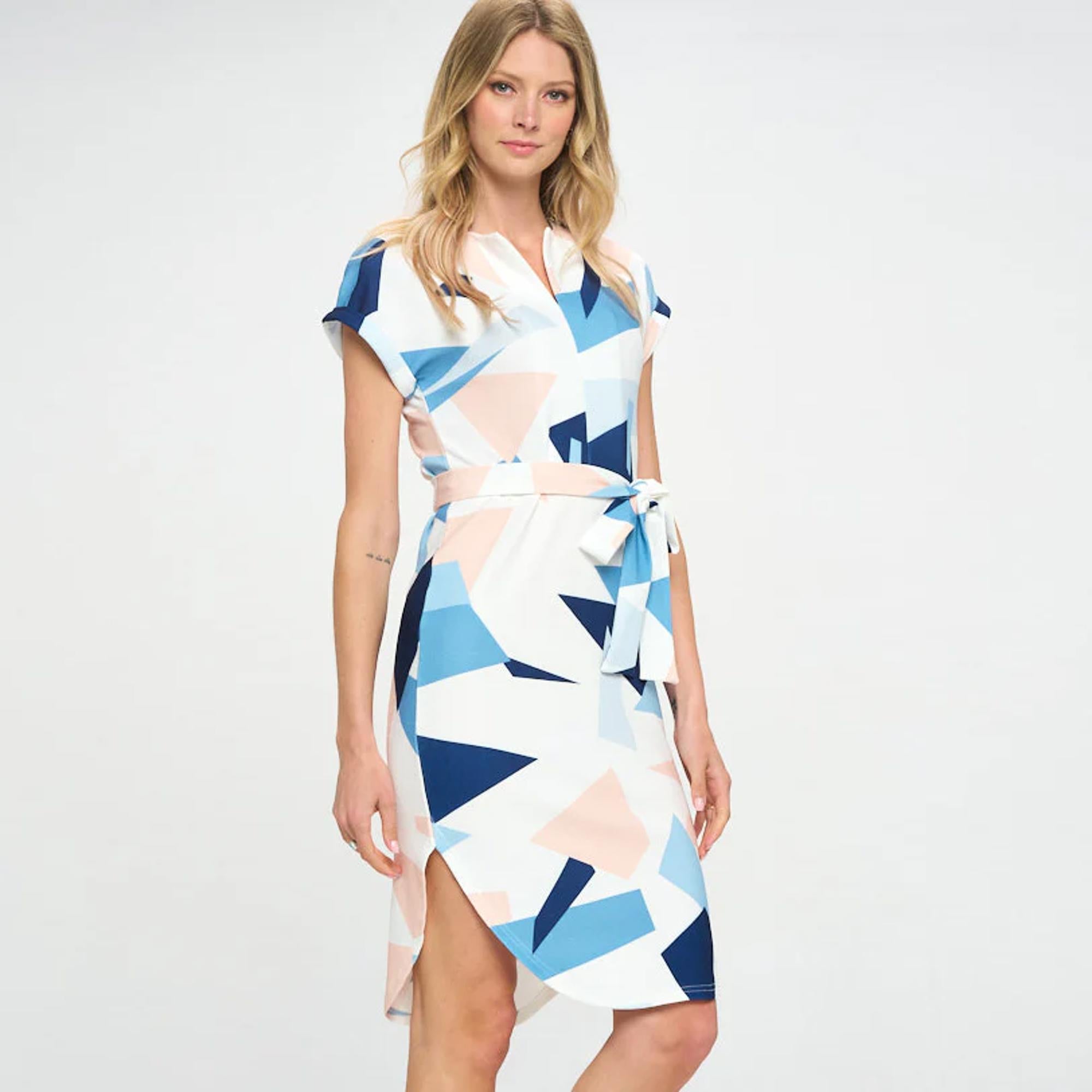 Love Kuza Sleek Geo Print Waist Tie Dress