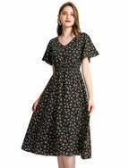 Women’s Black Floral Midi Dress – V-Neck Short Sleeve Summer Dress, Flowy Casual A-Line Dress for Everyday, Travel & Brunch