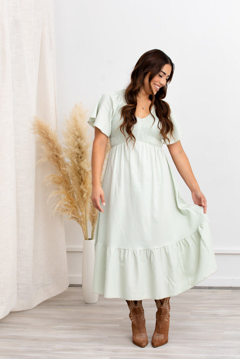 Laurel Smocked Midi Dress Floral with Flutter Sleeves