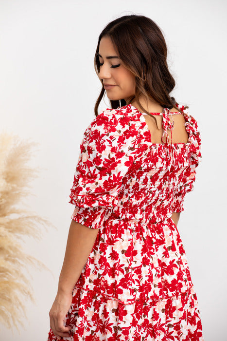 Elaine Red Floral Smocked Dress – Puff Sleeve Tiered Mini