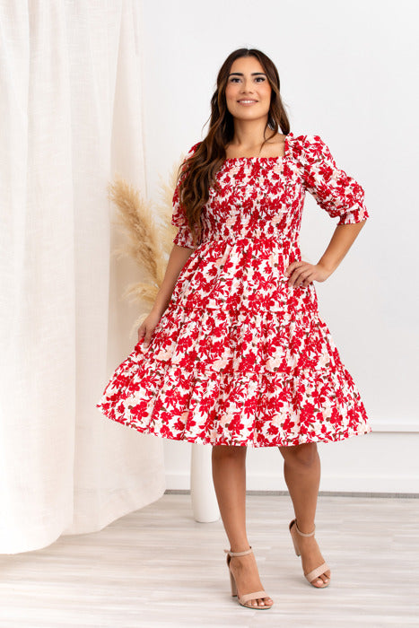 Elaine Red Floral Smocked Dress – Puff Sleeve Tiered Mini