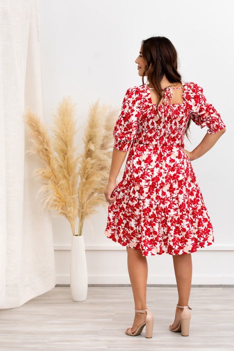 Elaine Red Floral Smocked Dress – Puff Sleeve Tiered Mini