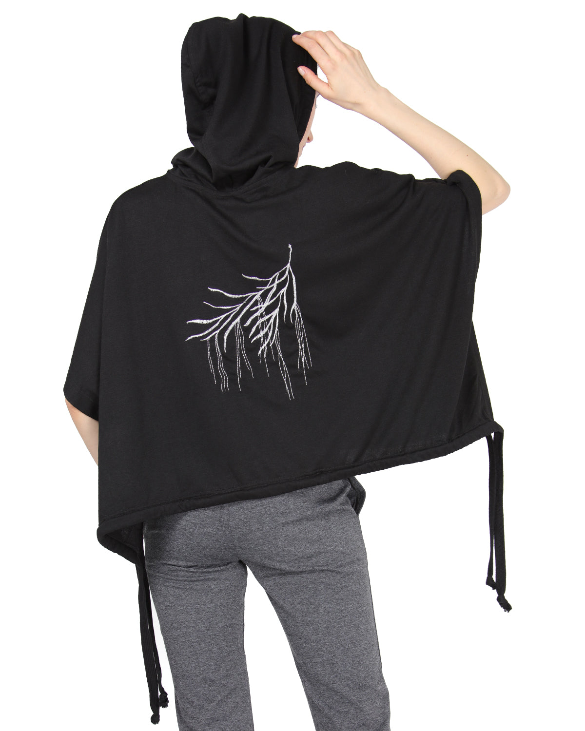 Women's Hooded Cotton Blend Cape with Tie Detail and Embroidery
